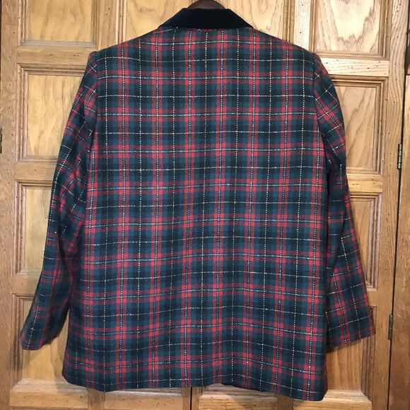 Vintage Sag Harbor Blazer Women's 14 Red Tartan Plaid Gold Thread 90s Wool Blend - Picture 9 of 12
